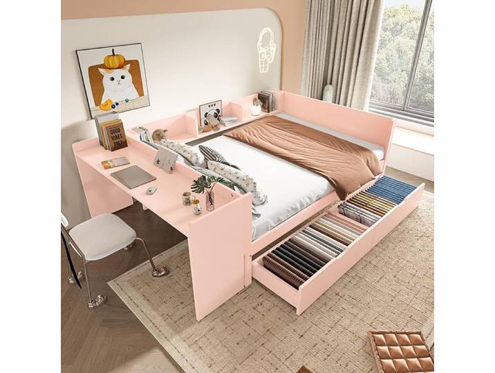 Lit Combine 140x200 cm Lit plat en bois avec bureau 2 tiroirs Rose
