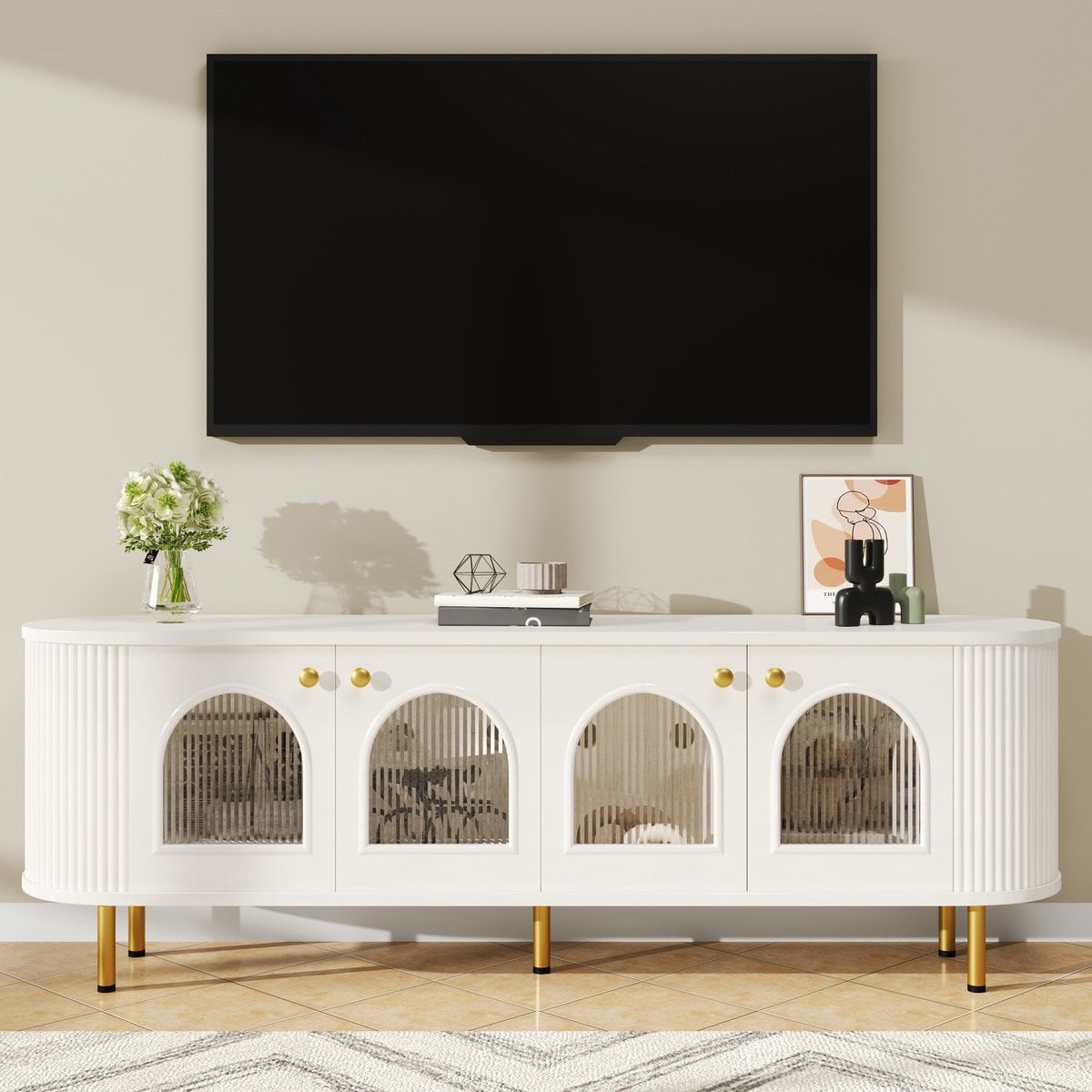 KOMHTOM tv-kast modern lowboard met glazen deuren en gouden handgrepen en poten