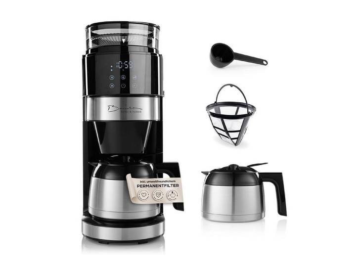 Barista Filterkaffeemaschine mit digitalem Touch-Display mit Mahlwerk + Kanne, mit verstellbarem Mahlwerk, 24h Timer & Permanentfilter