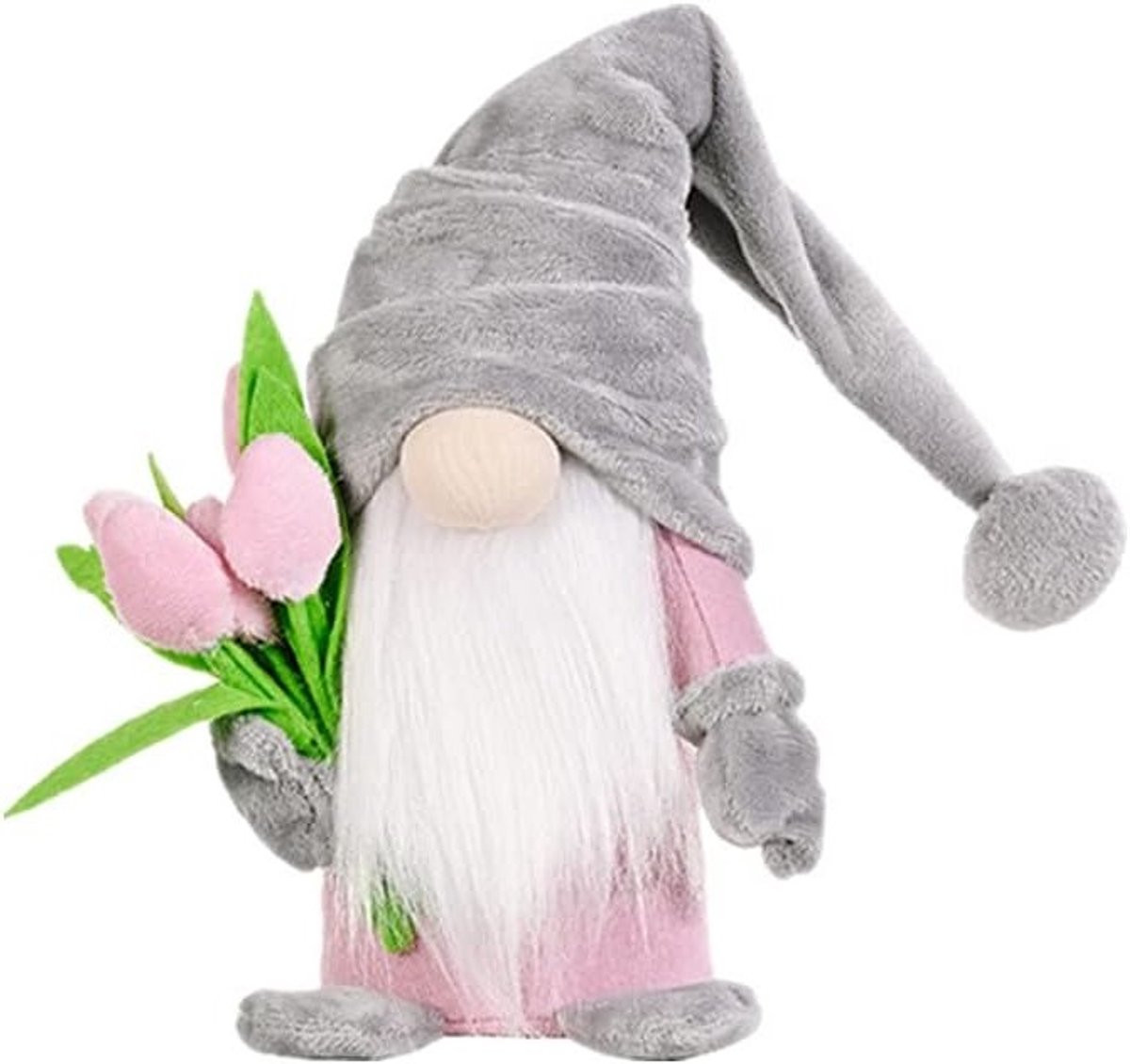Schattige Staande Tuinelfjes met Tulpenboeketten - Grijs - H x B x D: 37 x 8 x 6 cm