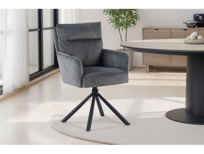 Esszimmerstuhl GOODPRODUCT Justin (2er-Set) , grau (dunkelgrau, schwarz, dunkelgrau), B:57cm H:95cm T:67cm, Metall, Polyester, Stühle, Esszimmerstuhl, gemütlicher Sessel mit Taschenfederkern, 360 Grad drehbar, Grob - Cord