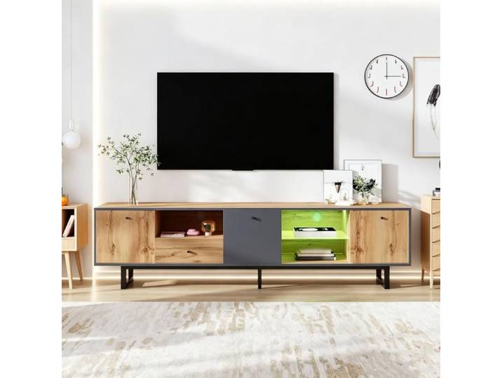 Meuble TV 190cm LED Meuble TV Bas avec Cloison en Verre Charnière Tampon Compartiments et Tiroir Industriel Bois & Metal Noir