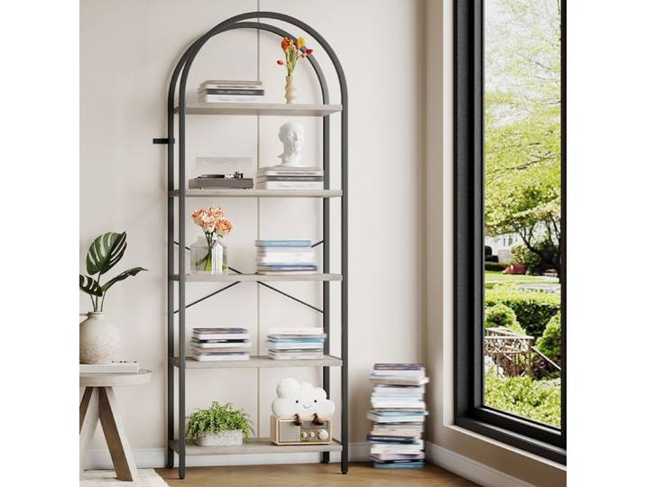 JOLLYTOP Bibliothèque Arche Industrielle 5 Niveaux - Étagère Métal et MDF Hauteur 180cm - Salon/Bureau/Chambre - Noir/Gris