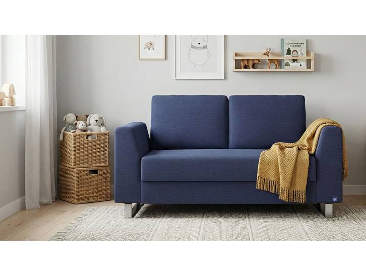 BRUNO Schlafsofa 120cm in Blau Klassik stabiles Massivholz & Boxspringkomfort