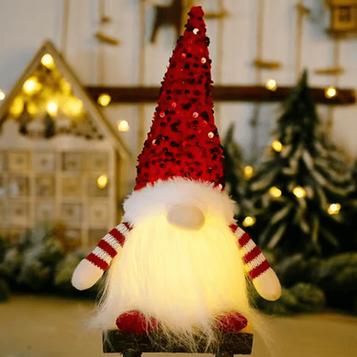 Inspire Picks 30cm Light Up Christmas Gnome Plush Sequined Hat Faceless Elf Tabletop Decoration red