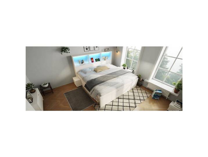 Lit fonctionnel Logidon 140x190 LED blanc espace de rangement USB premium