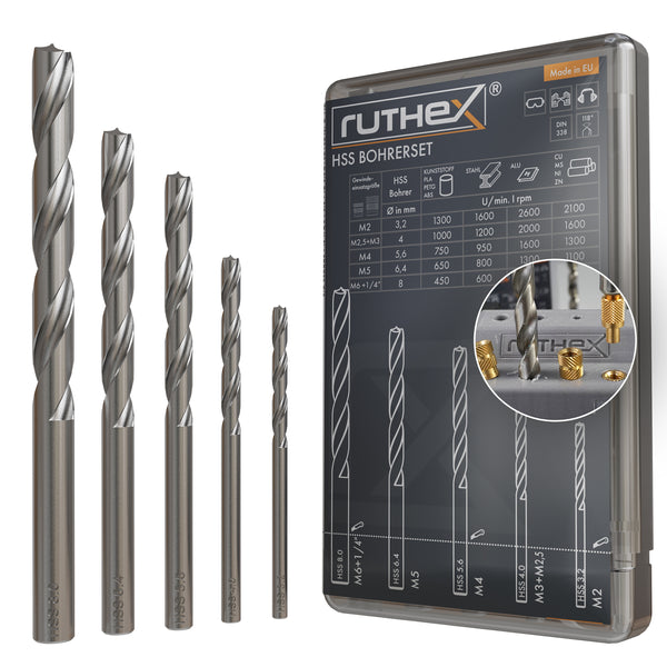 Ruthex Drill Set for thread inserts – M2, M2.5, M3, M4, M5, M6 & 1/4 BOH-SET-001