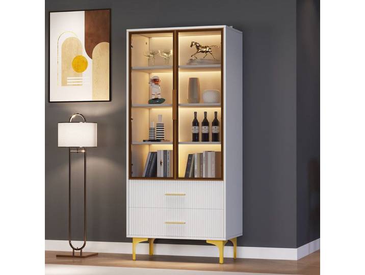 Vitrine Armoire en Verre a 2 Portes 70x35x150 cm Pieds Dorés Étagères Amovibles Vitrine avec Éclairage LED Vitrine Salle a