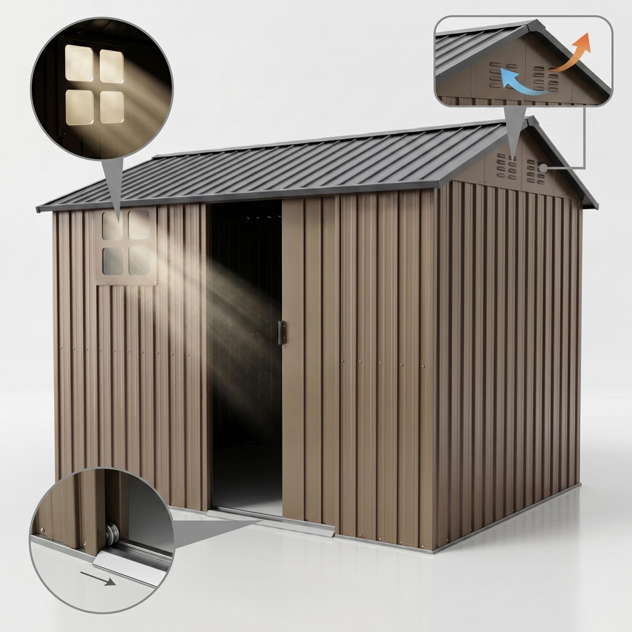 Gerätehaus Metall Gartenhaus 255x184x194cm verzinkter Stahl, rostfrei, wetterfest mit Schiebetür, Fenster & Lüftung