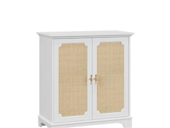 Buffet haut blanc à 2 portes en rotin naturel – 80 x 38 x 86 cm