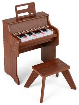 Costway 25 Keys Kids Piano Keyboard with Stool Mini Digital Piano Wooden Toy with Adjustable Speed and Volume-Brown