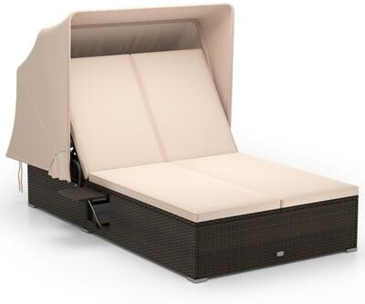 Costway Patio Double Chaise Lounge with Shade Cushions and Folding Side Trays-Beige