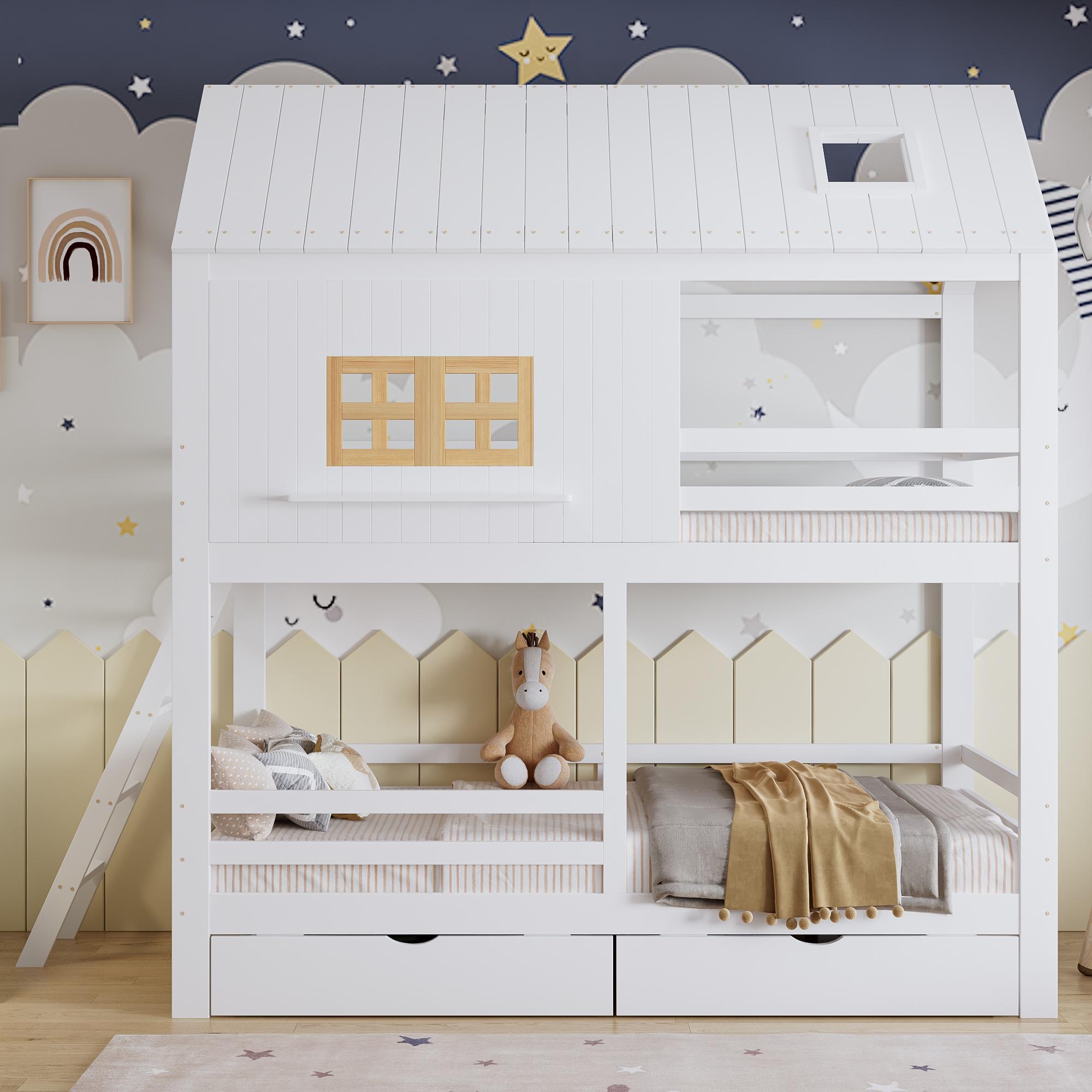 okwish Etagenbett 90x200 Kinderbett mit 2 Schubladen und Lattenrost,Stockbett Hausbett mit Fenster und Dach,Weiß+Natur(ohne Matratze)