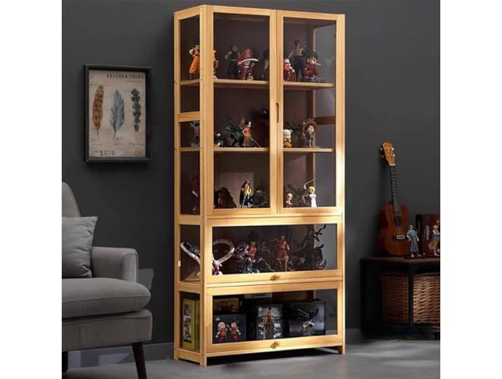 KUYATE Glasvitrine, antiker Vitrine mit Glastür, antiker Schrank, Vitrine, natürlicher Bambusrahmen, Einzel-/Doppeltür-Design, praktische Aufbewahrung, 80 x 32 x 170 cm, Holzfarbe