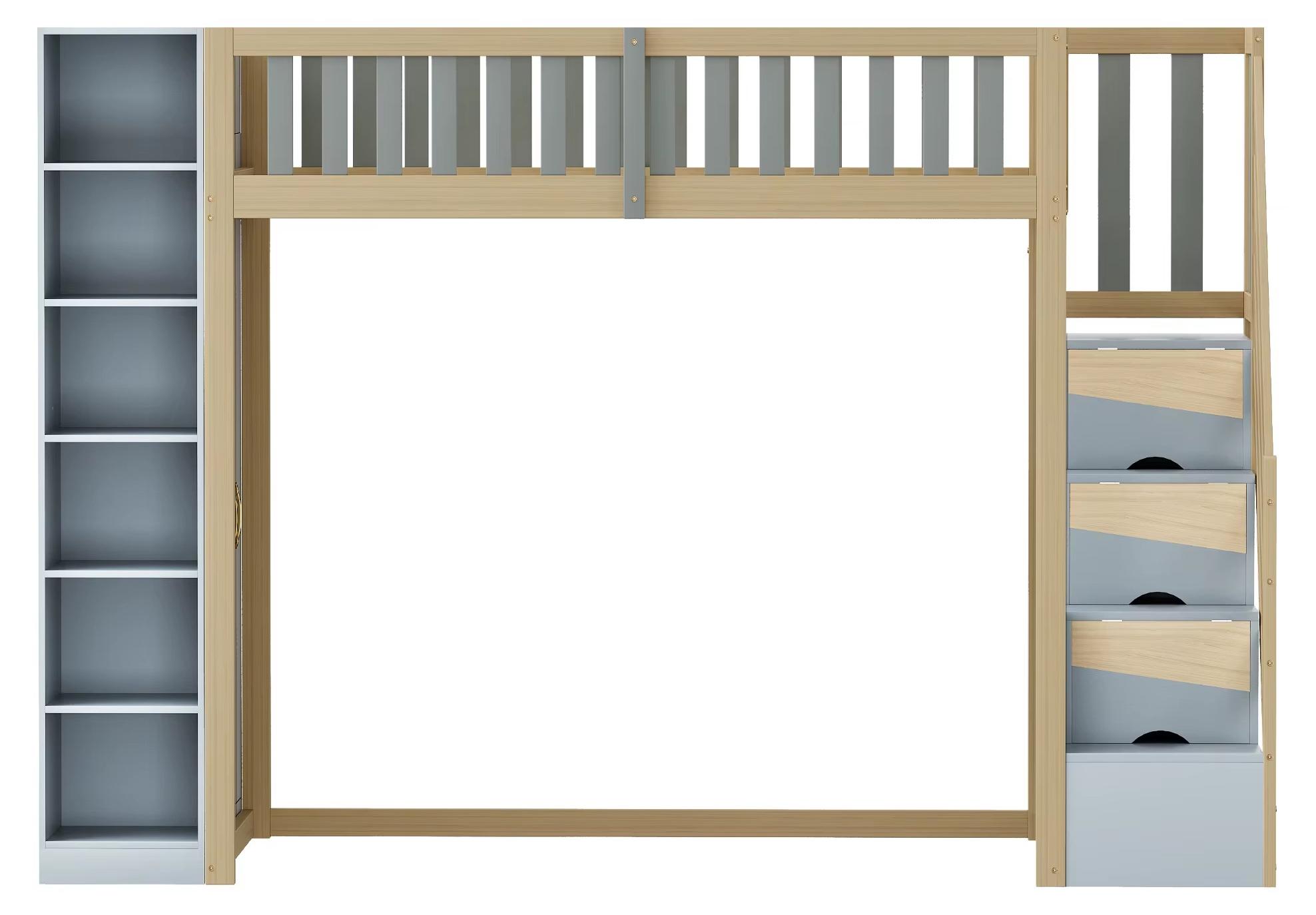 Hochbett - Kinderbett 90 x 200 cm - Stauraum - Regale - Kleiderschrank - Sicherheitsleiter - Grau