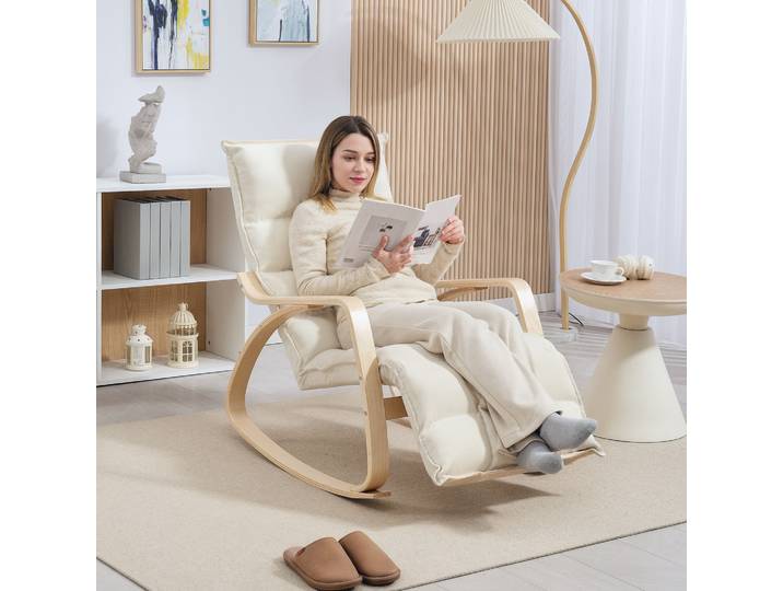 HOMCOM Fauteuil à Bascule Rembourré Crème Cadre Acier Salon