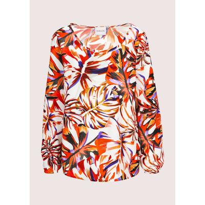 Langarmbluse MADELEINE "Bluse Florale Langarmbluse aus Viskose", Damen, Gr. 34, weiß (weiß, orange, gemustert), Obermaterial: 100% Viskose CV., Modern, Blusen