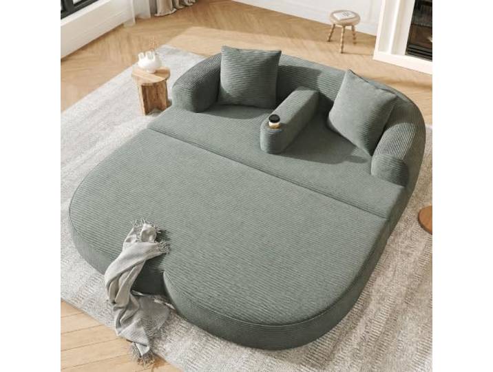 Modernes 2-Sitzer Bodensofa aus Cordstoff, Klappbares Loungesofa，Grün mit Lounge-Funktion, Vakuumkomprimiert, Montagefrei, Abnehmbare Armlehne mit Becherhalter, für Wohnzimmer & Apartments