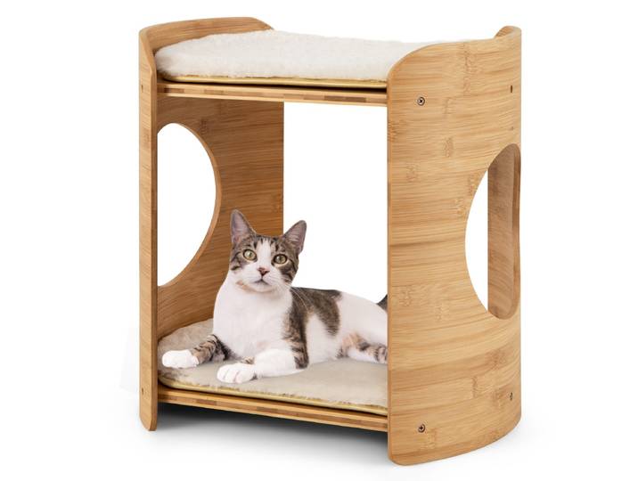 Verhoogd Kattenbed Schattige Kleine Kattenboom met 2 Niveaus voor Binnenkatten met Frame van Natuurlijk Bamboe Natuurlijk