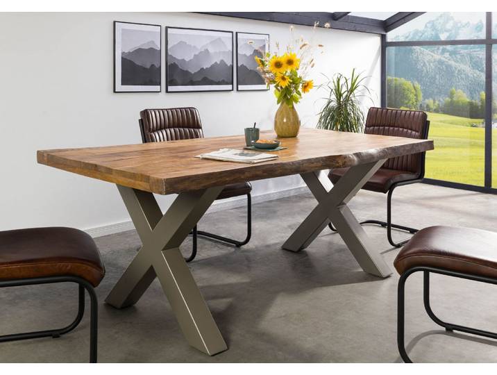 Baumtisch Mango 180x90x77 natur lackiert FREEFORM 5 / X-Beine silber matt