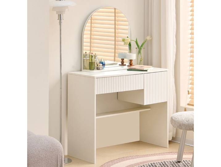 Meuble Coiffeuse Avec Miroir Table de Maquillage avec tiroirs et étagères Meuble chambre rangement Moderne blanc 90x40x135 cm