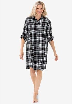 Plus Size Women's Plaid Flannel Button-Front Sleepshirt by Dreams & Co. in Black Plaid (Size M)