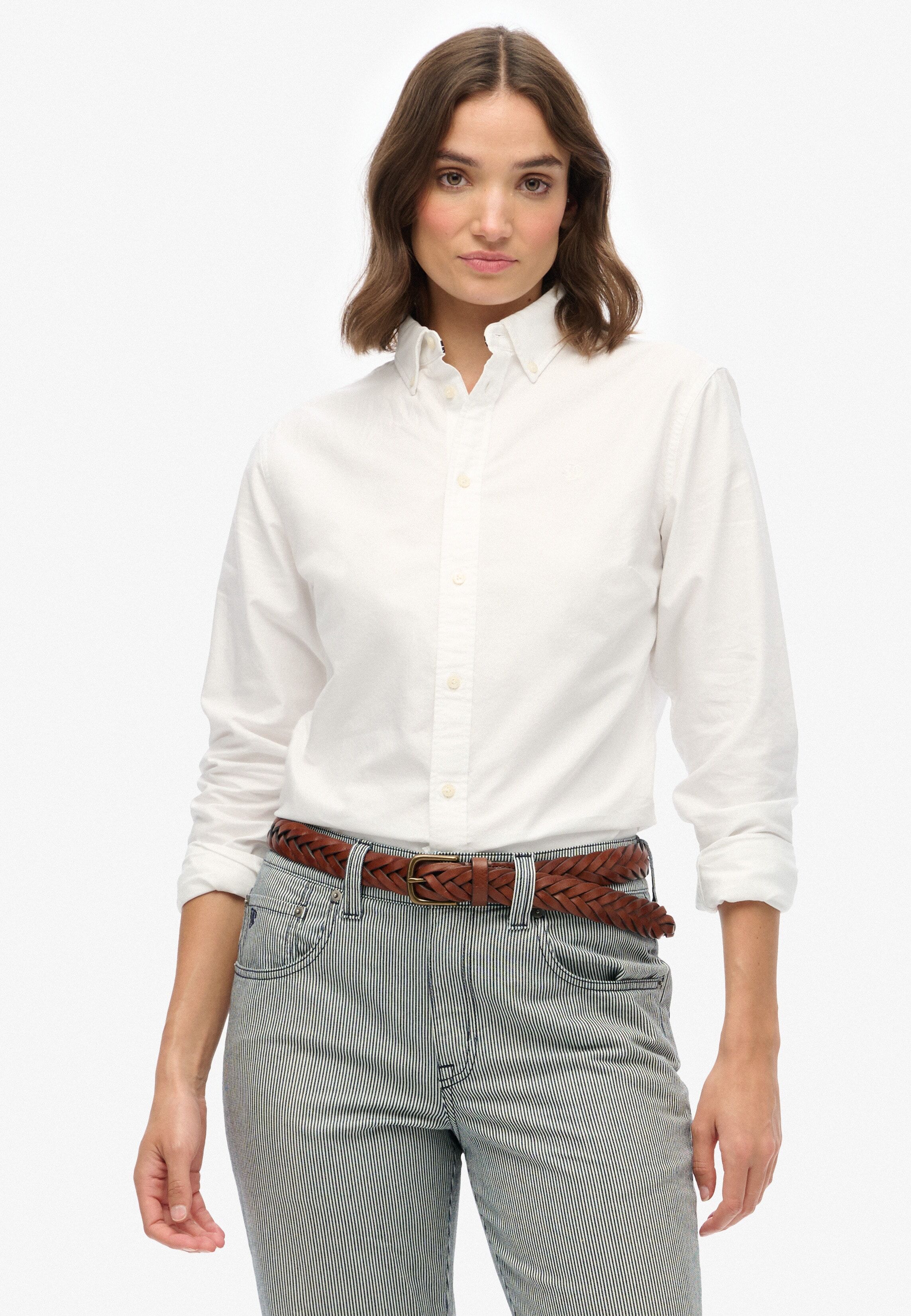 Hemdbluse SUPERDRY "SLIM OXFORD BD L/S SHIRT", Damen, Gr. M, weiß (optic weiß oxford), Web, Obermaterial: 100% Baumwolle, unifarben, slim fit normal, Manschette, Blusen Hemdbluse, Baumwolle, slim fit