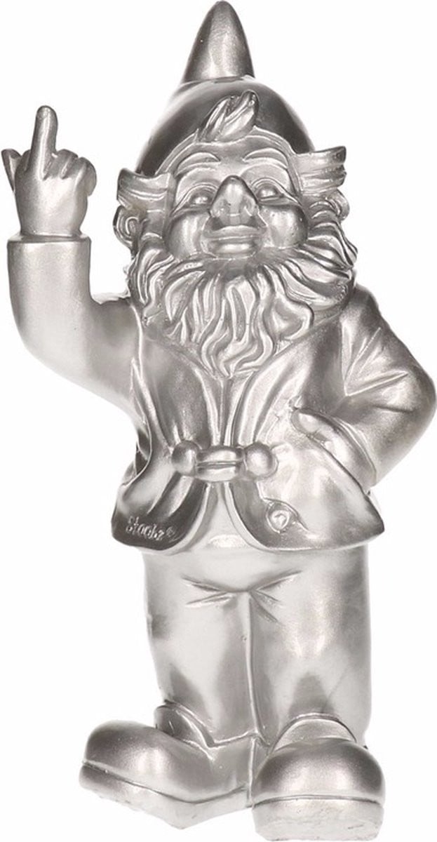FU Brutale kabouter middelvinger beeldje zilver 20 cm - Woondecoratie