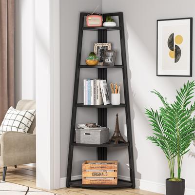 1Easylife Brown/ Black Corner Ladder Shelf,5 Tier Corner Bookshelf Bookcase, White/ Gold 70 Inch Tall Display Rack for Small Space