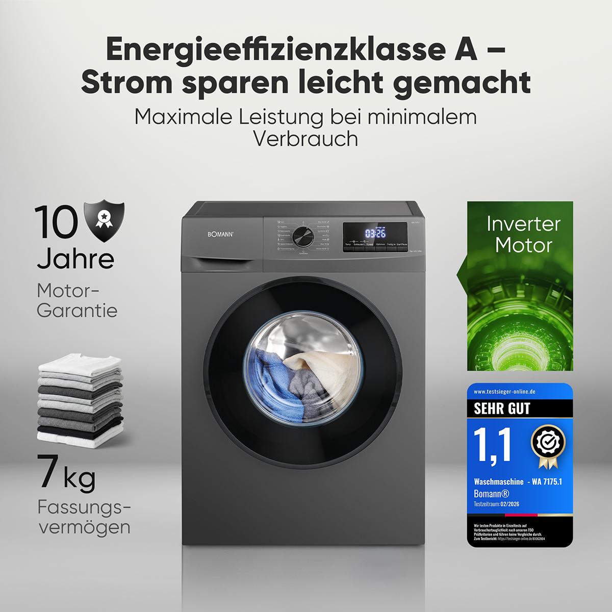 Bomann Waschmaschine 7kg | Invertermotor - effizient, leise & langlebig | max. 1400 U/min | LED-Display | 15 Programme | WA 7175.1 titan