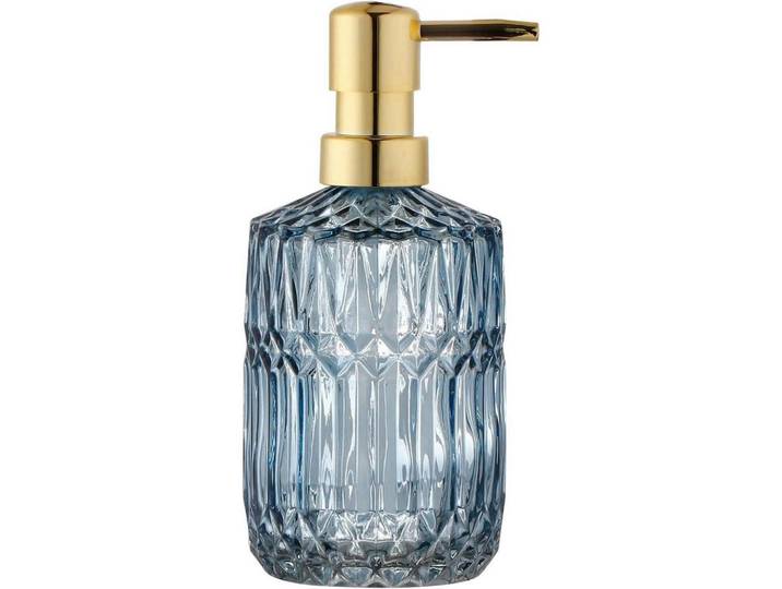 Seifenspender Glas Blau mit Diamantschliff-Design, Transparent, 8x18.5x8 cm, Badaccessoires, Seifenspender