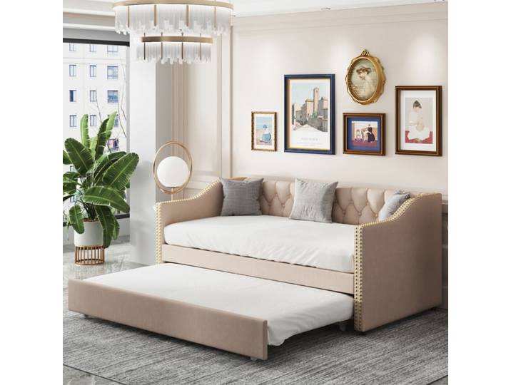 Lit gigogne - BLANKETSWARM - 90x200 cm - Tissu en lin - Beige - Canapé-lit extensible