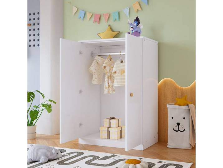Armoire - FUNMOON - Funmoon - 2 portes - Tringle intégrée - MDF blanc