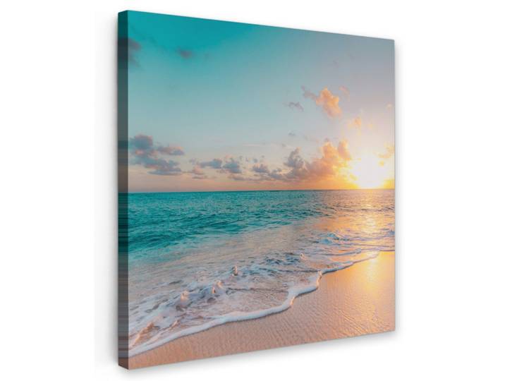 LEINWANDBILD Sonnenuntergang - Strand - Meer - Sommer - Blau Deko Groß 90x90 cm