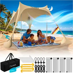 ELONEO Strandzelt, Sonnensegel Strand 228x214x200 cm, LSF 50+, Sonnenschutz für Strand mit Sandschaufel, Heringen und 4 Stabilitätsstangen, 4 Personen, Creme