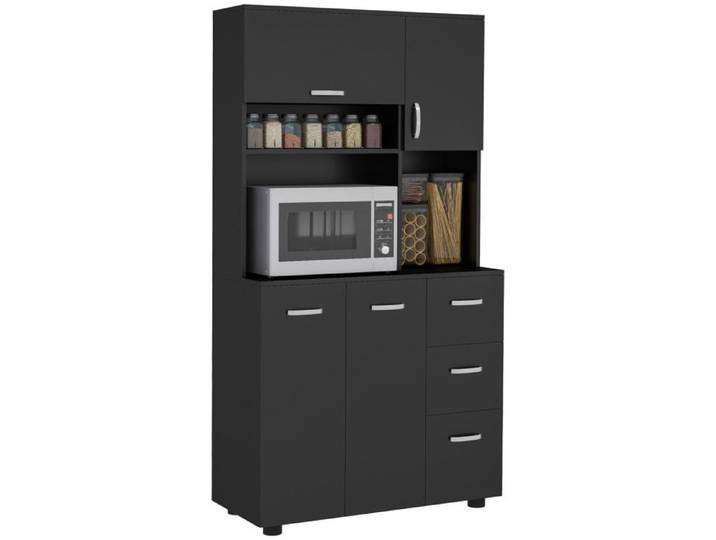 CollaHausse Armoire Cuisine Noir Multi-Rangements 4 Portes 3 Tiroirs Grand Plateau 89x40x168 cm