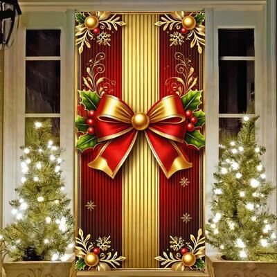 Uplift Treasures Red Gold Christmas Door Cover Banner With Bows Decor bow