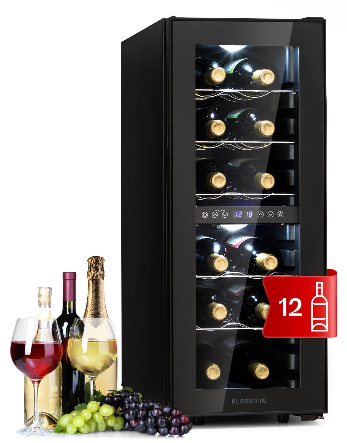 Klarstein Weinkühlschrank Freistehend, Kleiner Getränkekühlschrank Schmal, 2 Zonen Weinkühlschrank mit Glastür, Indoor/Outdoor Beersafe, Kühlschrank Klein mit UV-Schutz, 5-18°C, 12 Flaschen