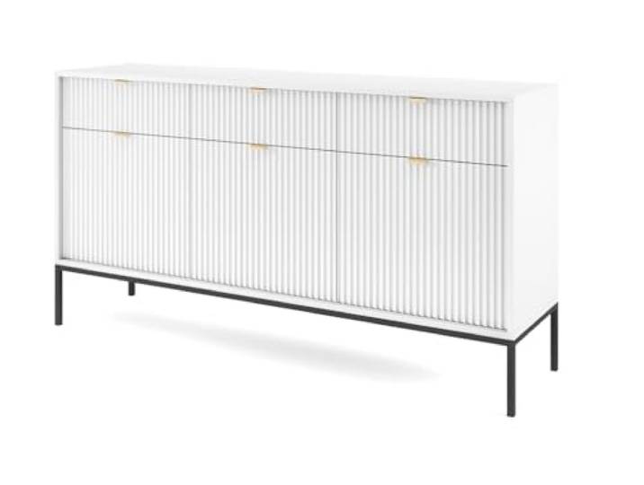 Emporius Sideboard mit Schubladen Galla - Dreitürige Sideboard 150 cm, Wohnzimmer - Gold Griffen, geriffelten Fronten - Weiß