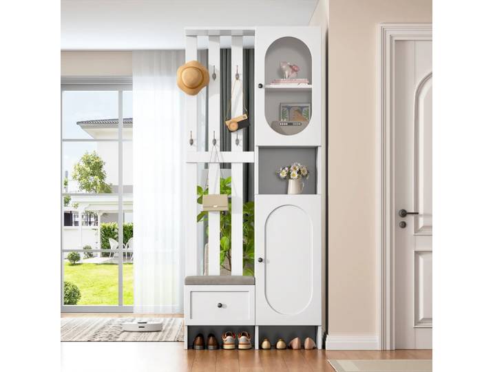 Armoire compacte 85*33,5*200 Cm, armoire de rangement en verre trempé, ensemble de garde-robe, armoire d'entrée, supports de garde-robe avec paillettes