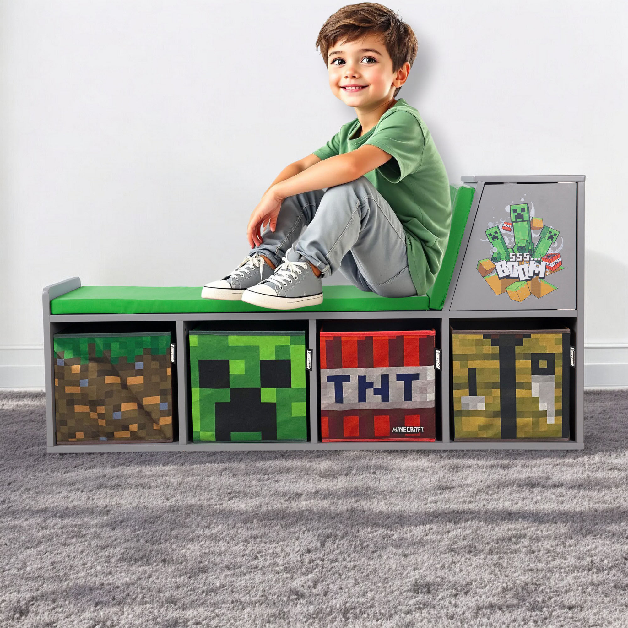 Sitzbank PHOENIX "Minecraft Lesebank", grau (grau, grau), B:119cm H:60cm T:30cm, MDF, Polyester, Sitzbänke, Sitzbank grau, grau B/H/T: 119cm x 60cm x 30cm, langer Schenkel links