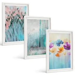 BILDER SET 3er Set - 40x60 cm Weißer Rahmen - Hintergrundmuster mit Pastellblumen