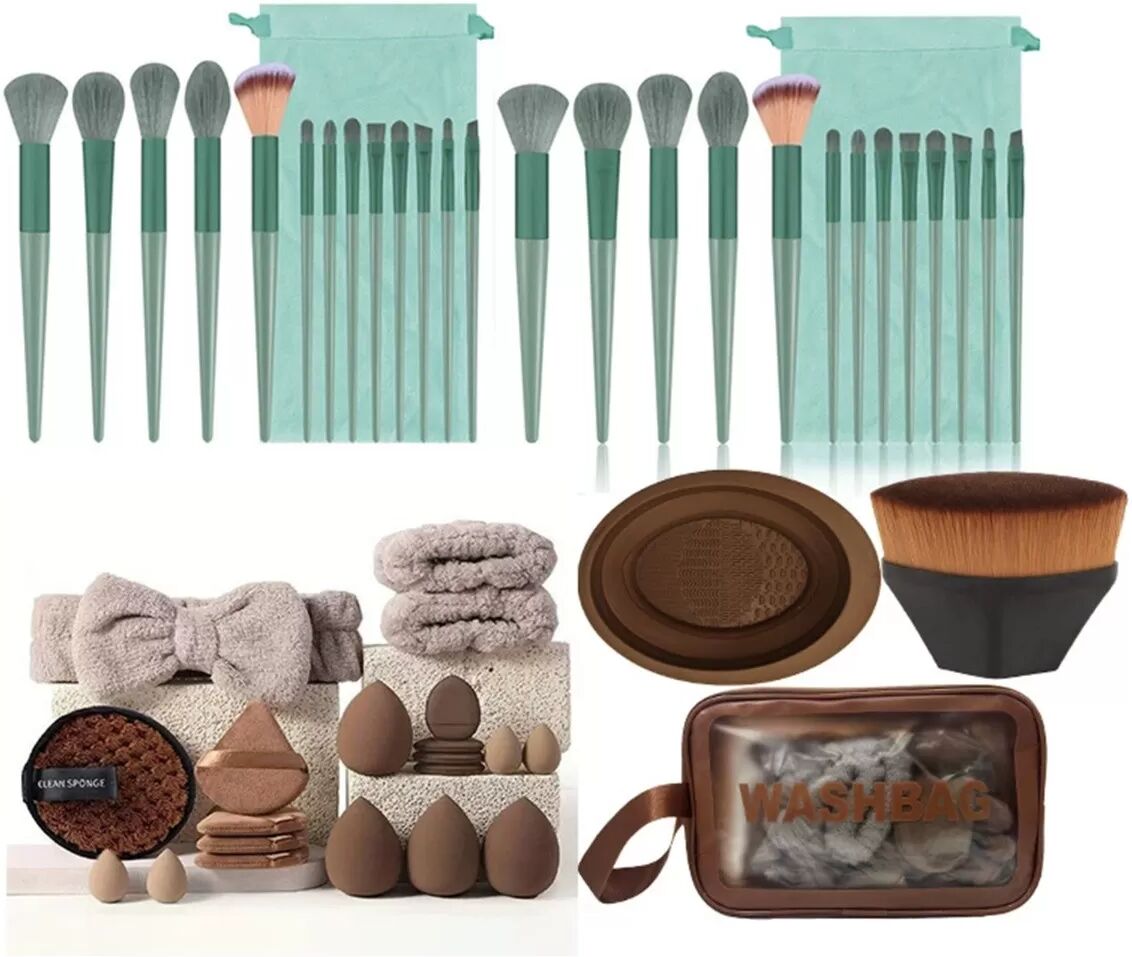INF 26-teiliges Make-up Pinsel Set mit Schwämmen, Puffs und Stirnband - Grün Kaffee