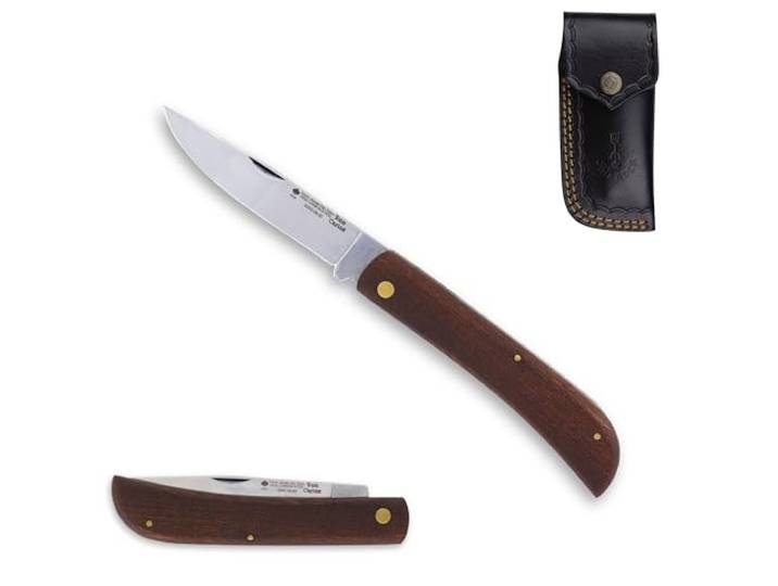 PIKAS SINCE 1727 Hippekniep Klappmesser mit Lederetui – Scharfes Carbonstahl Taschenmesser, Sapelli-Holzgriff, Rustikales Messer für Outdoor, Camping, Jagd & Angeln