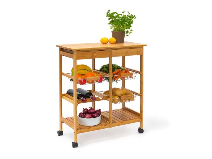 Relaxdays Servierwagen Natur Bambus 3 Körbe 2 Schubladen, Hellbraun, Holz, Metall, Kunststoff, 67x80x37 cm, Esszimmer, Servierwagen