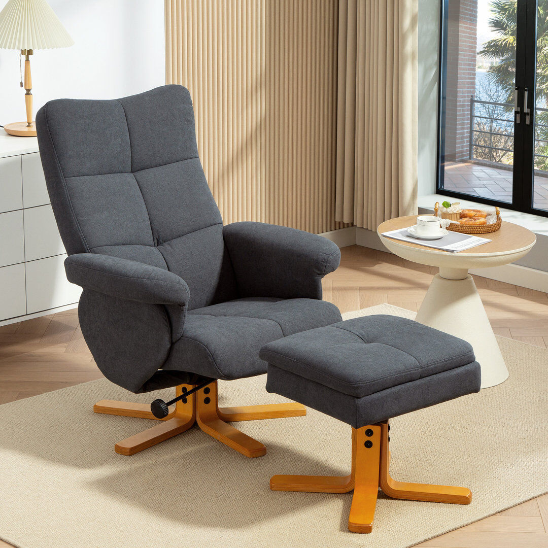 George Oliver HOMCOM Linen Recliner Chair and Footstool Wooden Base Grey Grey 99cm H X 80cm W X 86cm D