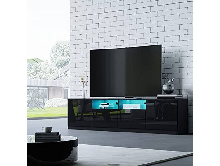 BESTWANTED LED-TV-Ständer TV-Schrank TV-Einheit 180 cm Modern Weiß Hochglanz Front Matt Korpus mit 2 Türen und 4 Schubladen für Schlafzimmer Wohnzimmer Wohnmöbel (Schwarz)