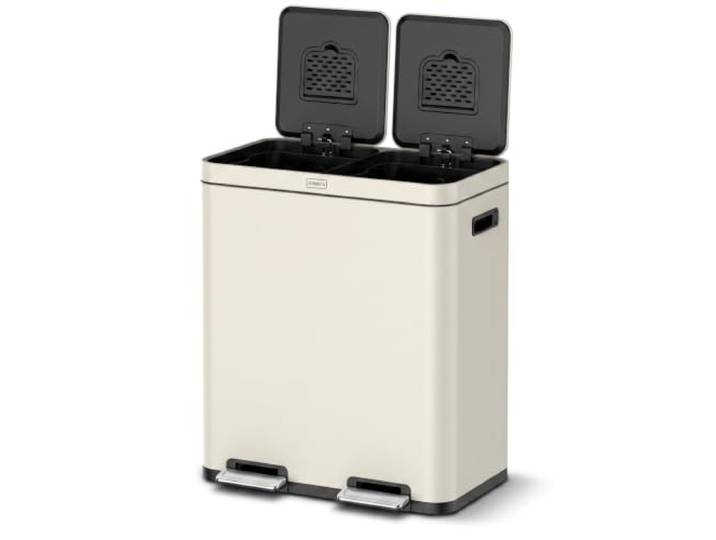 Deleca Recycle Mülleimer Küche 60L, 2x30L, Soft Close, Beige 2 Fächer, FreshAura Geruchsfilter, Fußpedal, Edelstahl, rutschfester Stand.