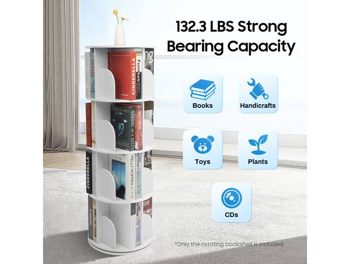 Étagère à livres autoportante à 4 niveaux en PVC, capacité de charge de 60 kg, 360 ° Étagère rotative pour chambres à coucher, salons, salles d'étude, salles de jeux