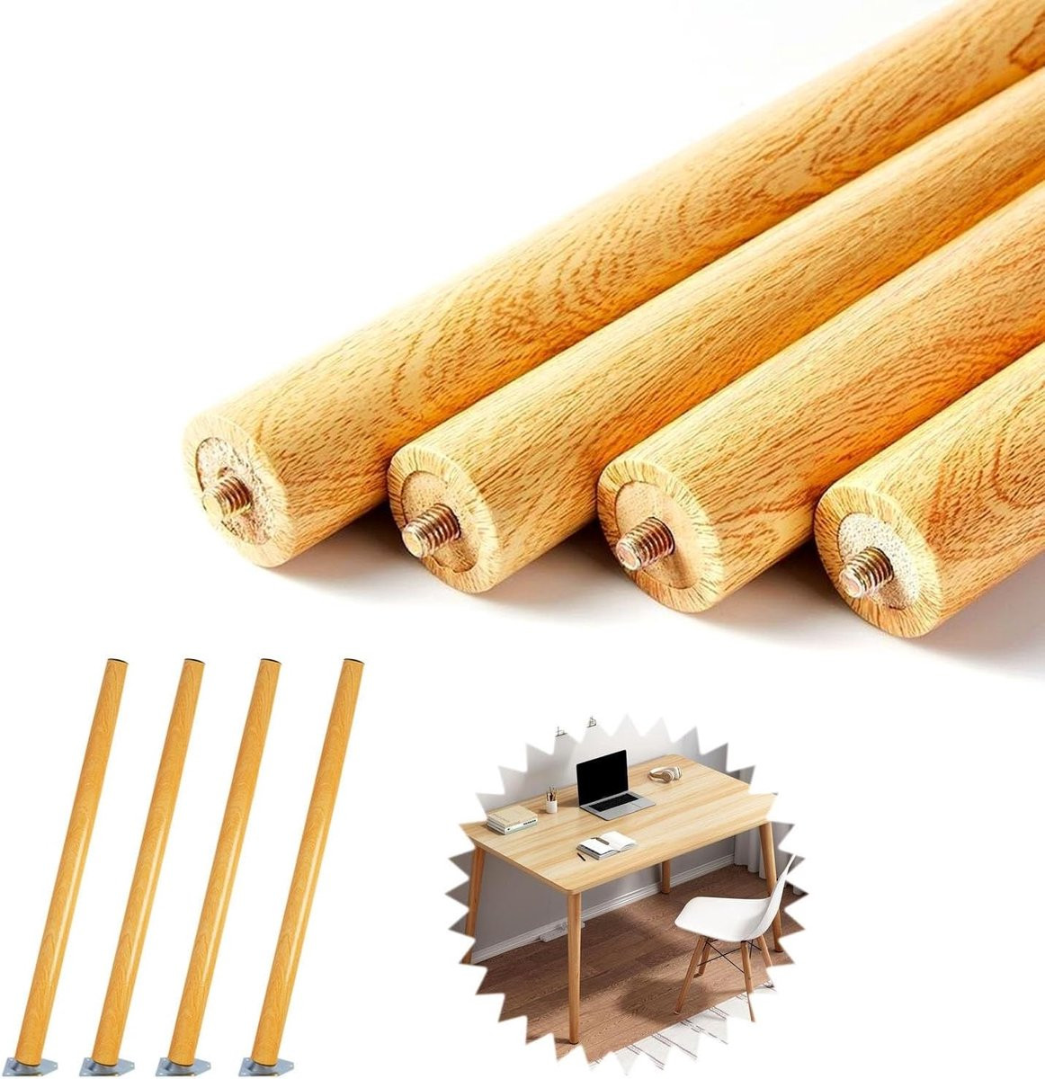 Set van 4 Houten tafelpoten - Meubelonderstel in houtkleur voor volwassenen